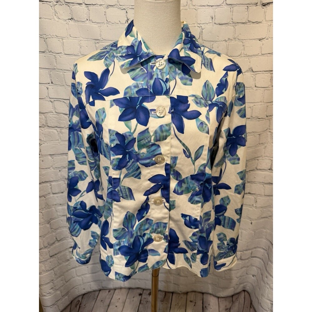 Coldwater Creek Size Medium Blue Watercolor Floral Cotton Unlined Jacket